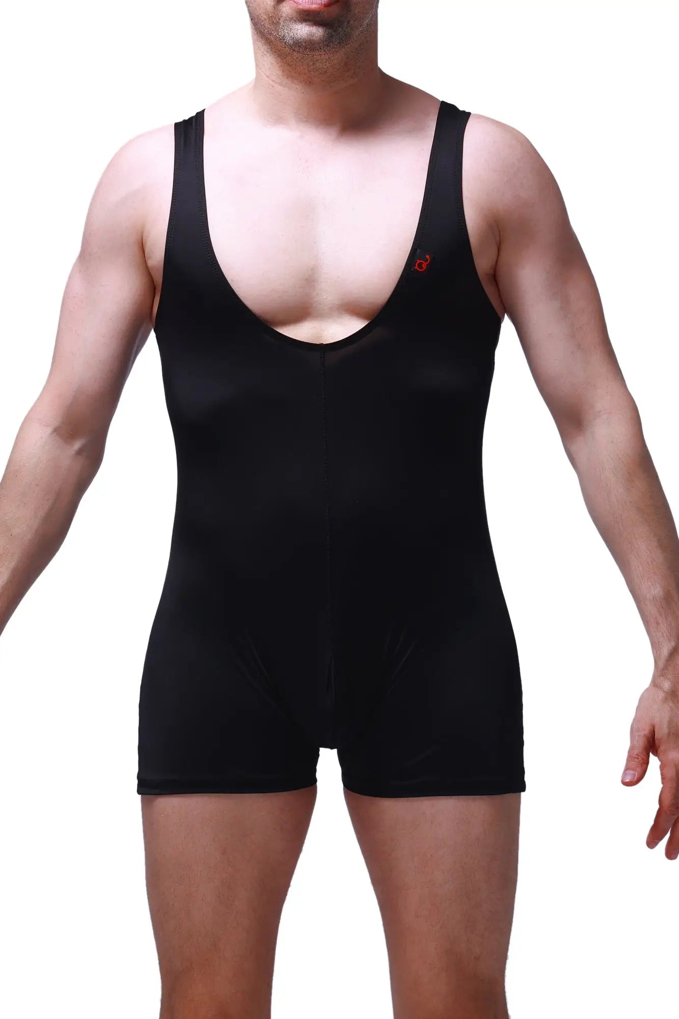 Petitq bodysuit boxer linthal black sleeveless one-piece athletic suit with deep scoop neckline and snug fit