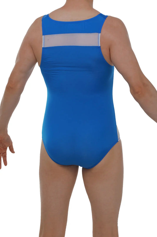 Back view of petitq bodysuit herly blue bright leotard with silver mesh panel and trim on upper back and side seams