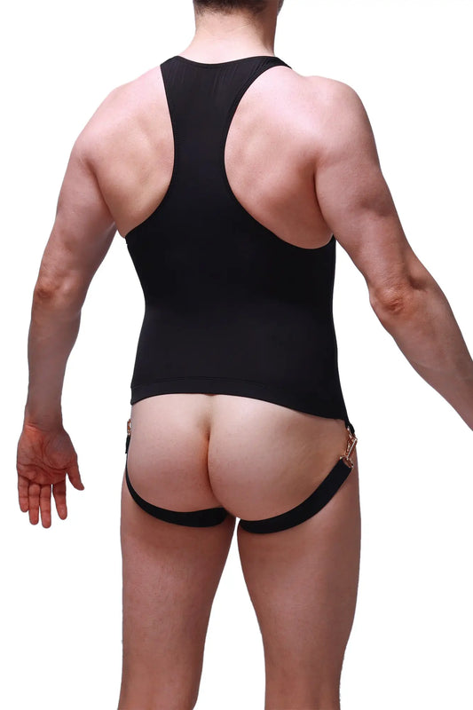 Black petitq bodysuit jockstrap aspin plum with racerback and gold metal hardware on sides in athletic style