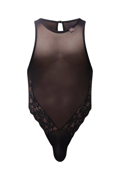 PetitQ bodysuit Murol black sheer mesh with intricate lace trim along sides and back clasp shown from the back