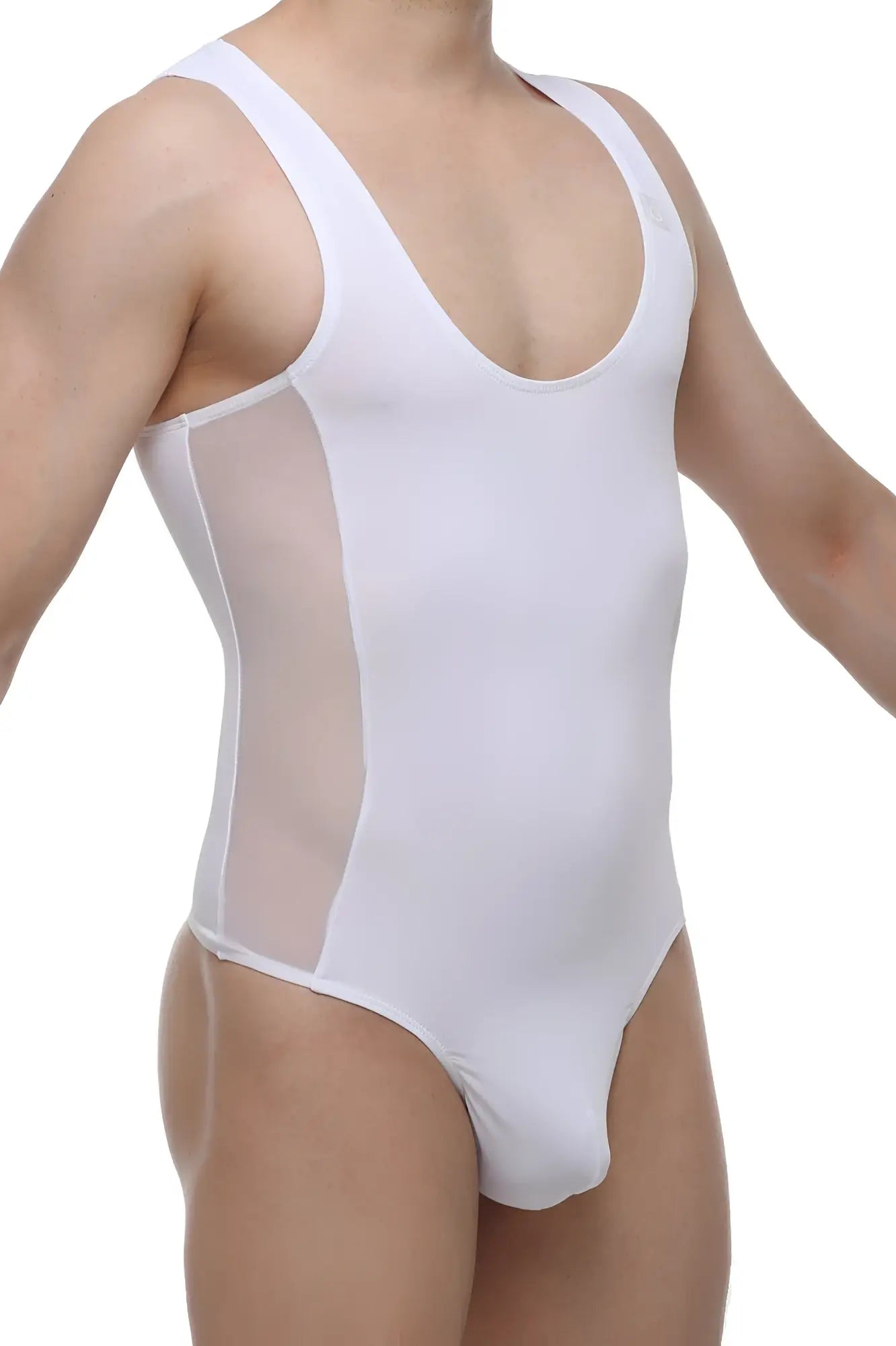 White one-piece PetitQ bodysuit Raix with sheer mesh side panels for stylish swimwear or beachwear use