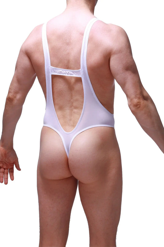 White form-fitting PetitQ bodysuit thong Gonzac plum with low-cut back and thin shoulder straps shown from back side