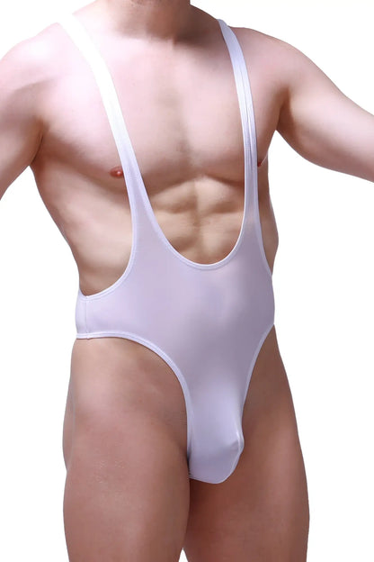 White form-fitting one-piece swimsuit with thin shoulder straps and deep scoop neckline petitq bodysuit thong gonzac plum white