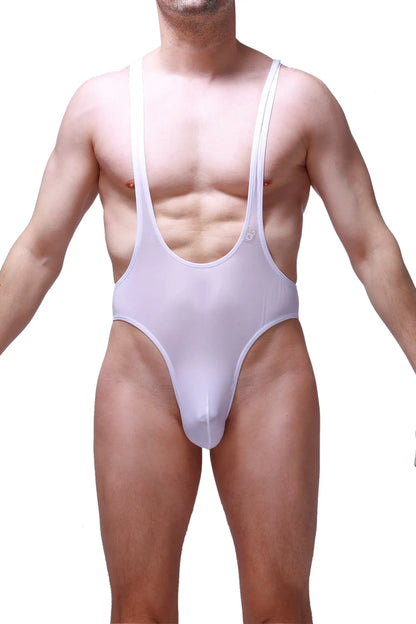 White sheer mesh one-piece swimsuit with thin straps and high-cut leg from PetitQ bodysuit thong Gonzac Plum White
