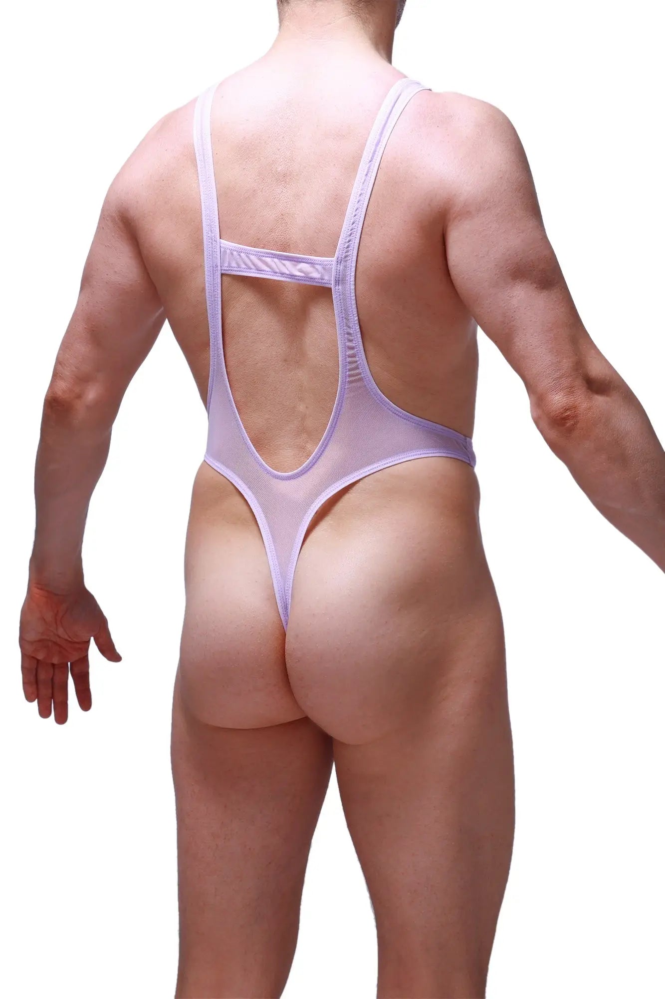 Sheer lavender petitq bodythong aunou net lilac one-piece swimsuit with thin straps and cutout back shown from behind