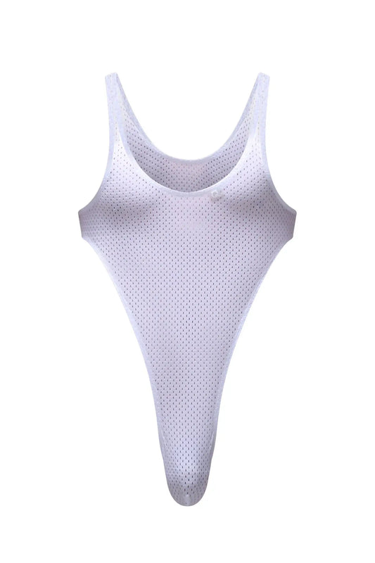 White mesh high-cut bodysuit with scoop neckline and thin straps petiteq bodythong carbay bee white front view