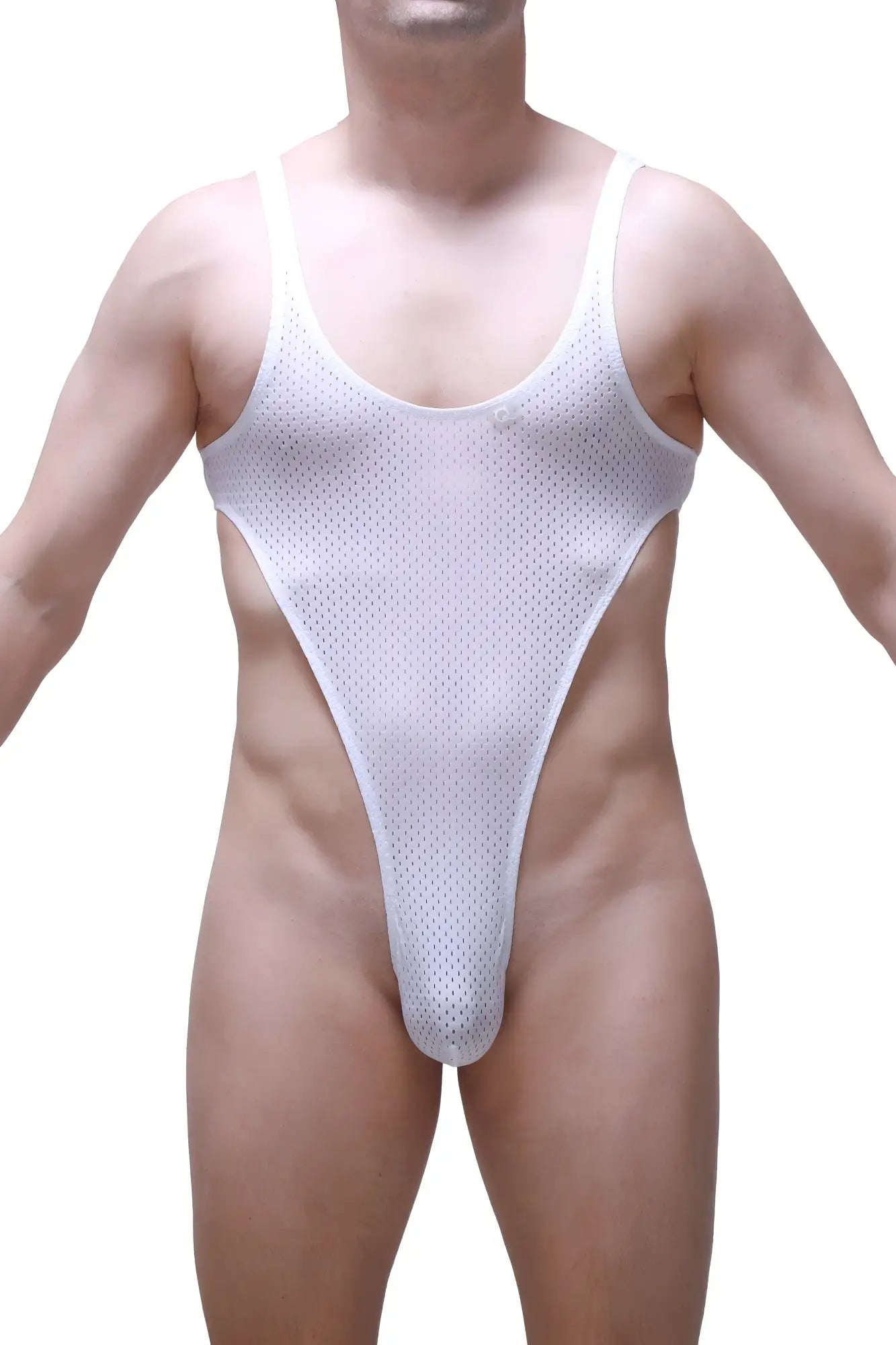 White mesh one-piece swimsuit with high-cut leg design petitq bodythong carbay bee white model front view