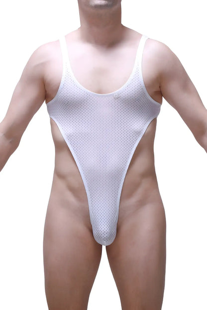 White mesh one-piece swimsuit with high-cut leg design petitq bodythong carbay bee white model front view