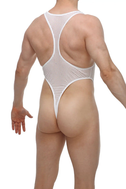 PetitQ Bodythong Journy Durtol white white mesh one-piece swimsuit with high-cut leg and racerback straps