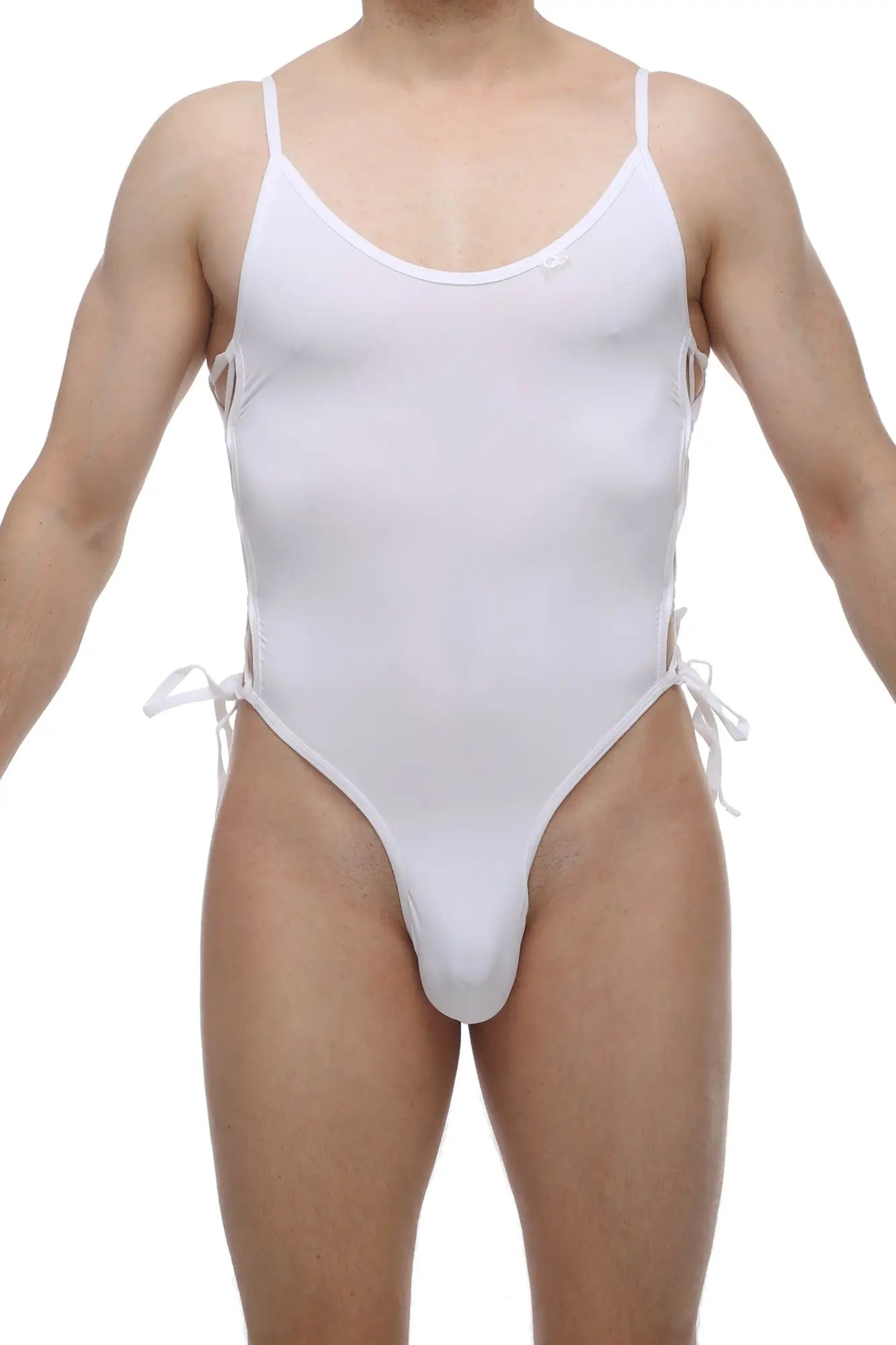 PetItQ bodythong lacets white is a white form-fitting one-piece swimsuit with thin spaghetti straps and side ties
