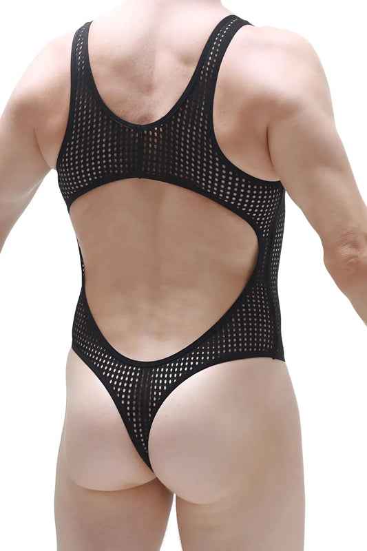 Black mesh one-piece swimsuit by PetitQ Bodythong Nexon Durtol showing cutout back and thong bottom