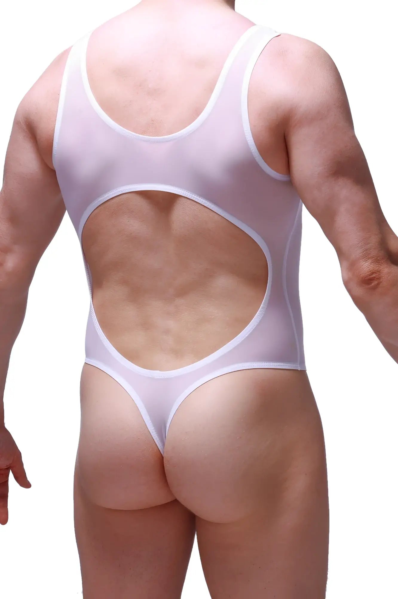White sheer PetitQ Bodythong Nexon Net one-piece swimsuit with large back cutout and thin straps shown from back side
