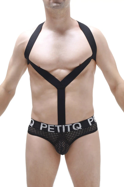 Black mesh PetitQ bodythong with bold logo band and black shoulder straps forming an x shape across the chest
