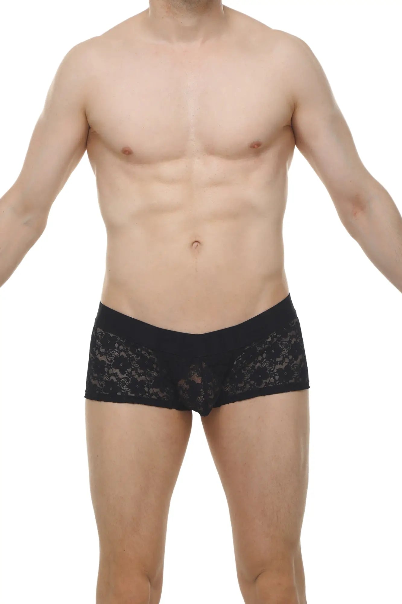 Black lace-trimmed men’s boxer briefs with sheer patterned design in black for stylish intimate wear