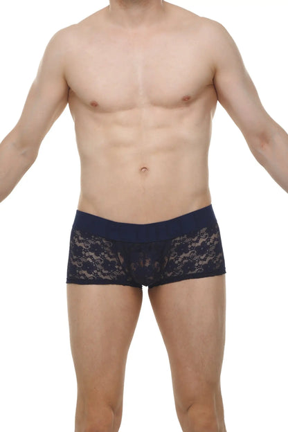 Navy blue lace boxer briefs with a solid waistband featuring delicate lace fabric for comfortable wear