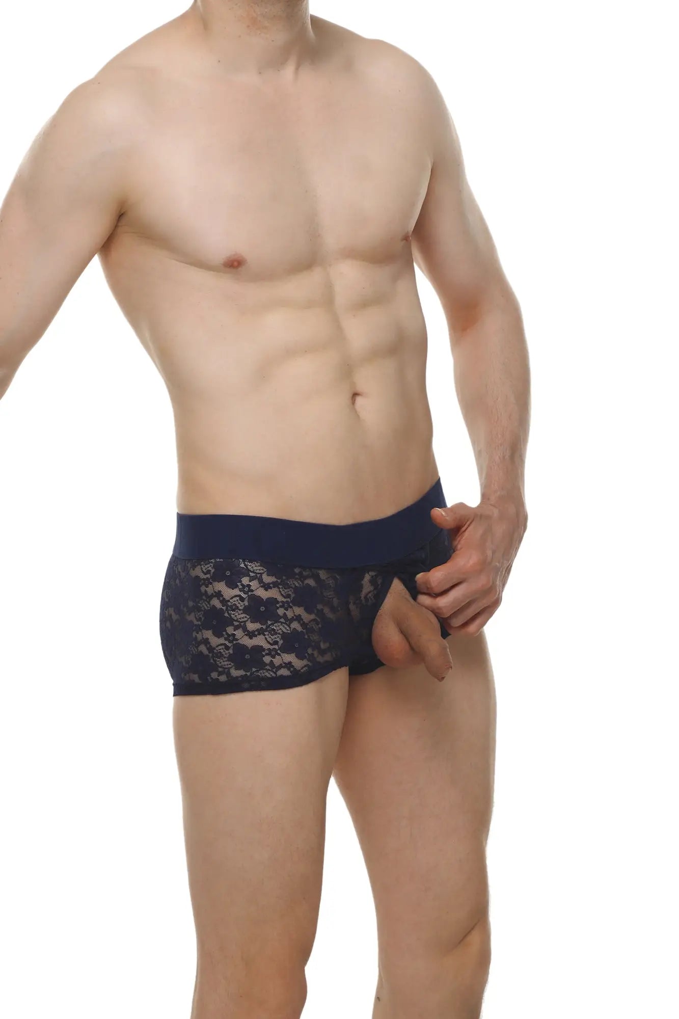 Navy blue boxer briefs with lace trim and a solid waistband in a front view for comfortable wear