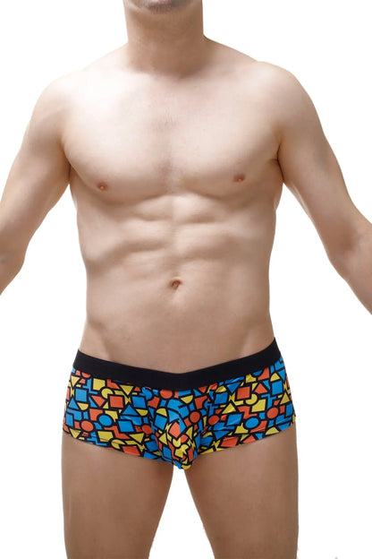 Colorful geometric-patterned petitq boxer brief mondi men’s briefs with black waistband front view