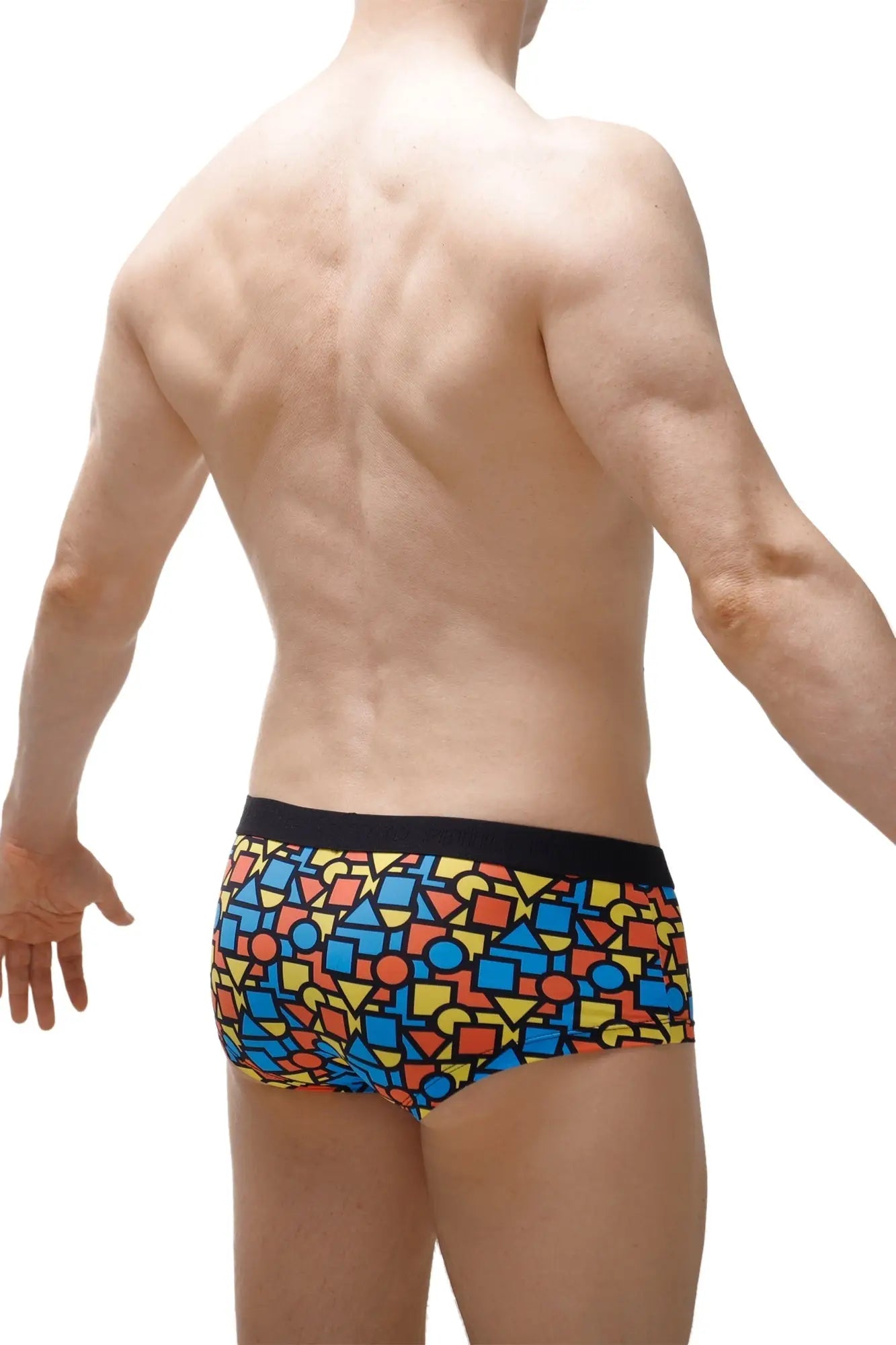 Vibrant geometric patterned petitQ boxer brief mondi with bold black waistband for men in comfortable fabric