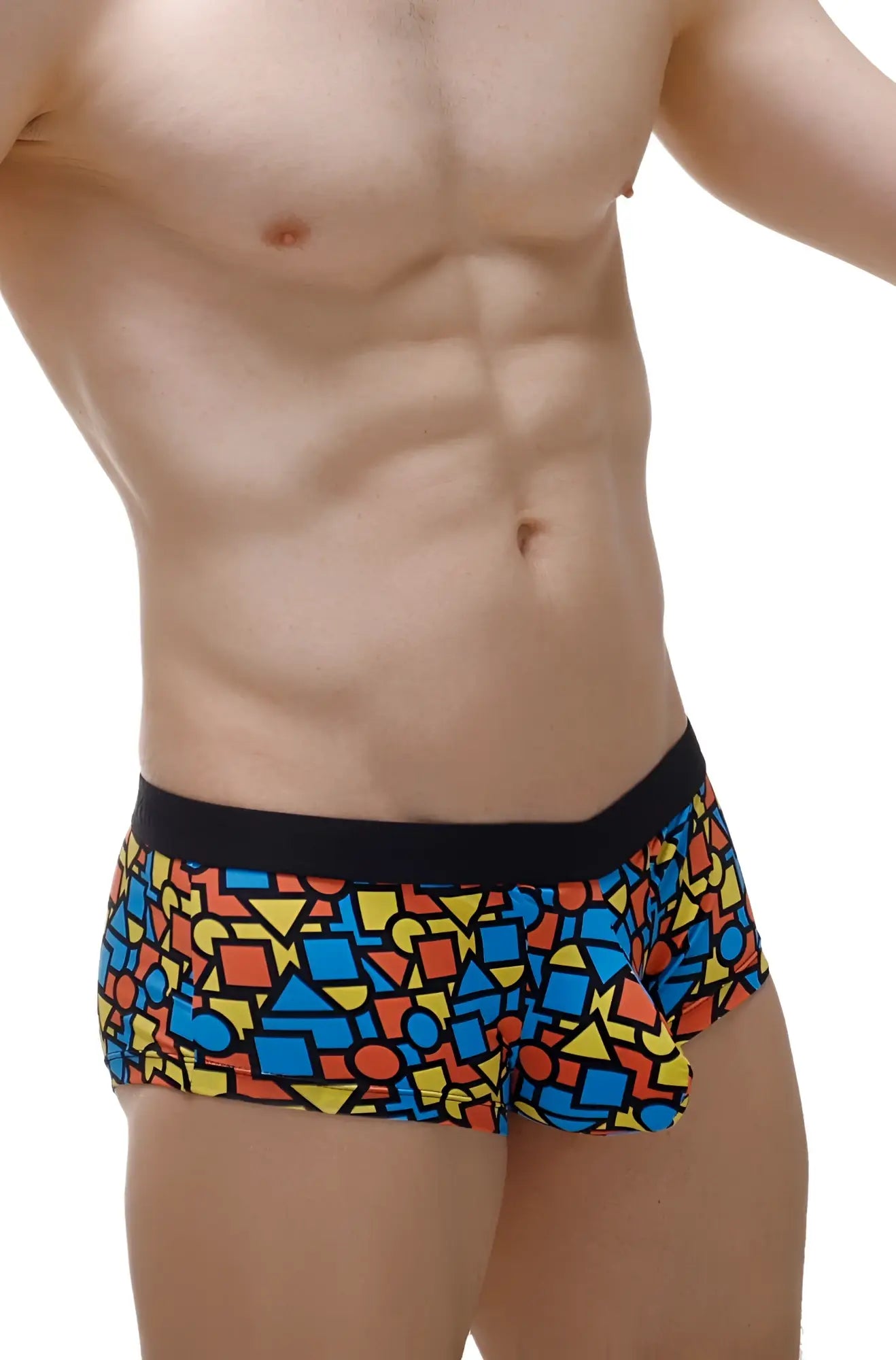 Petitq boxer brief mondi vibrant geometric patterned men’s swim trunks with black waistband for beach use