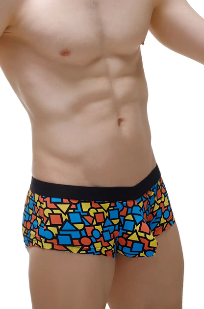 Petitq boxer brief mondi vibrant geometric patterned men’s swim trunks with black waistband for beach use