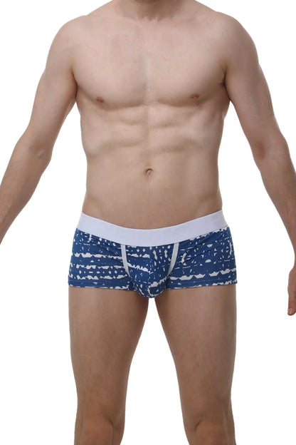 Petitq boxer brief new denim featuring blue and white patterned men’s briefs with a solid white waistband