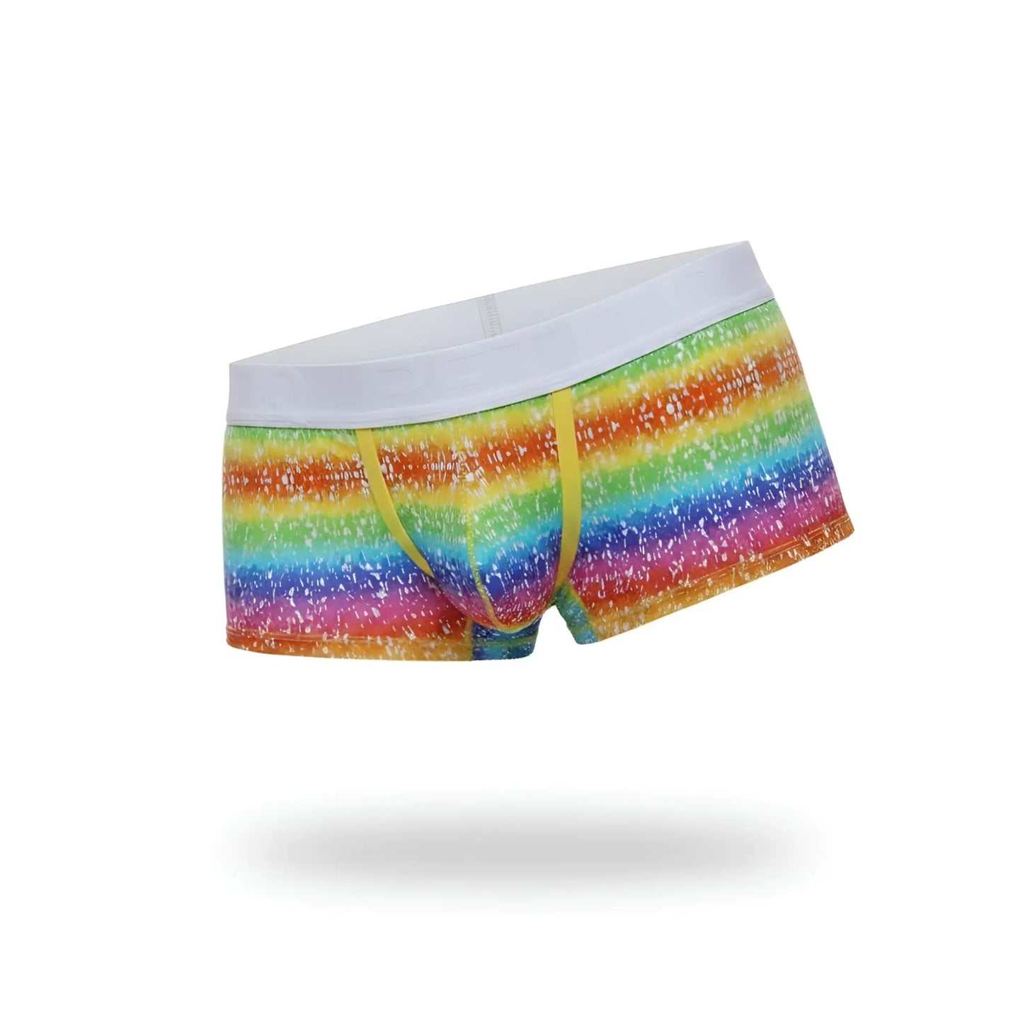 Petitq boxer brief rainbow with rainbow stripes white elastic waistband and yellow drawstrings for men