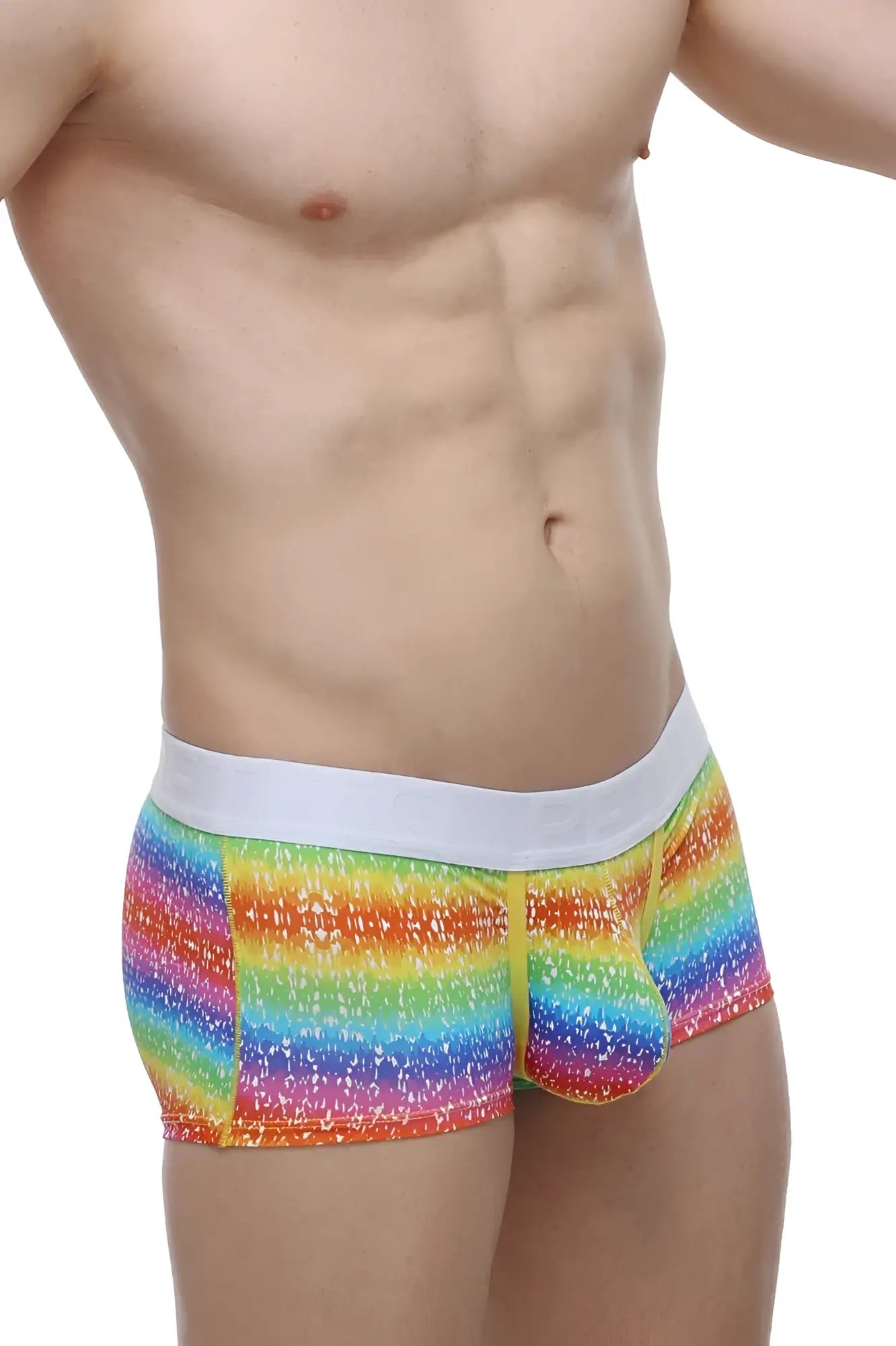 Petitq boxer brief rainbow featuring rainbow stripes with a white elastic waistband and speckled texture