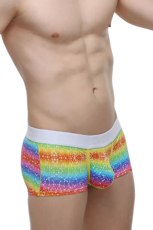 Petitq boxer brief rainbow featuring rainbow stripes with a white elastic waistband and speckled texture