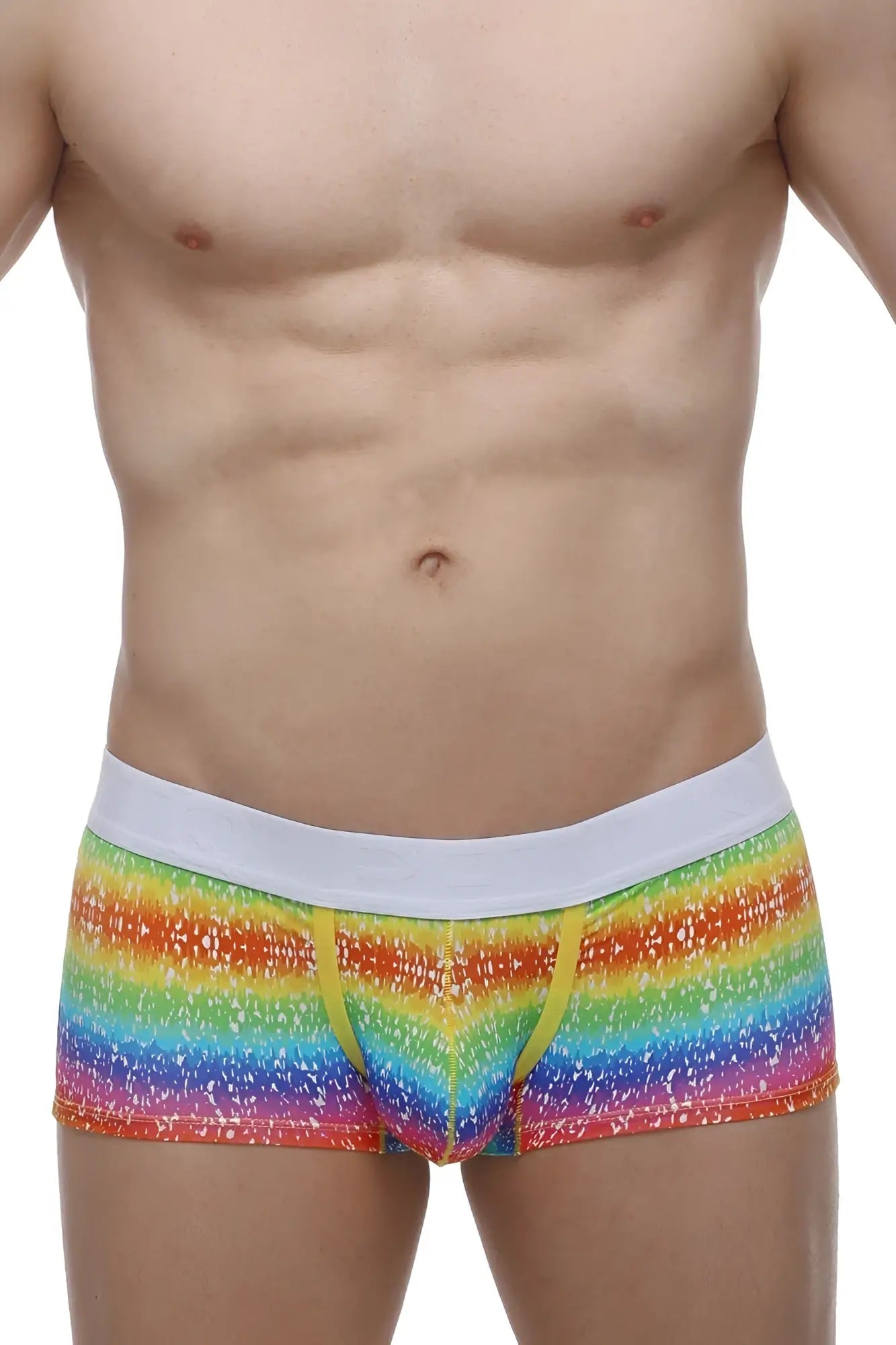 PetitQ boxer brief rainbow men’s rainbow-striped boxer briefs with white waistband and yellow drawstrings