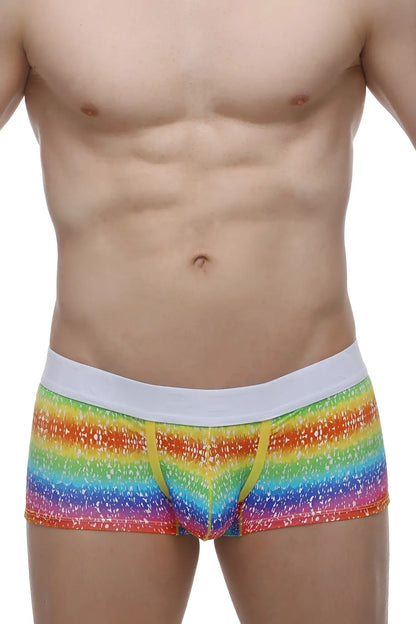 PetitQ boxer brief rainbow men’s rainbow-striped boxer briefs with white waistband and yellow drawstrings