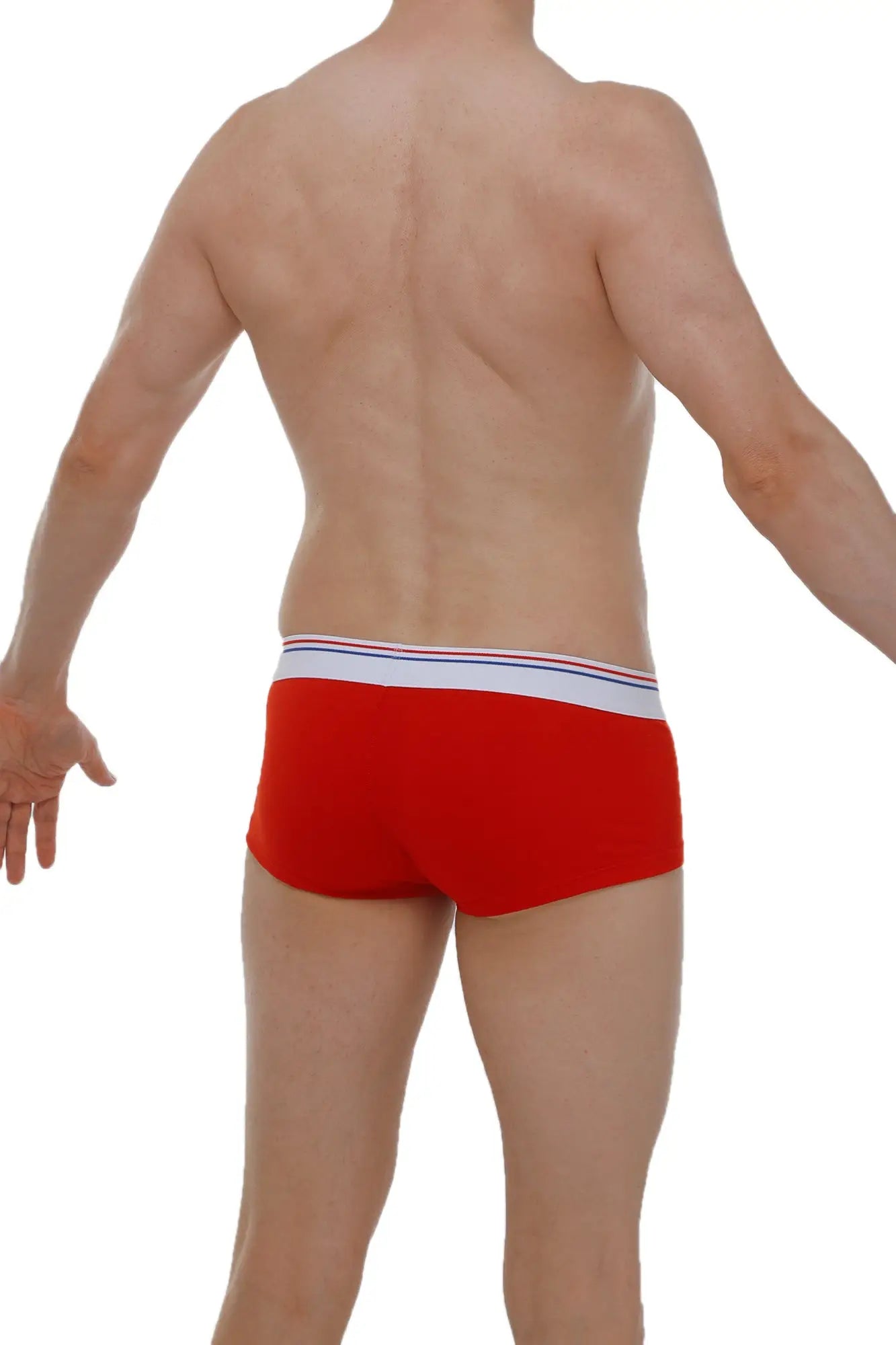 Red petitq boxer brief taik modal with white waistband and thin blue and red stripes for comfortable wear