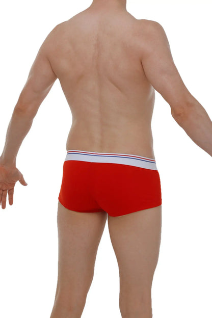Red petitq boxer brief taik modal with white waistband and thin blue and red stripes for comfortable wear