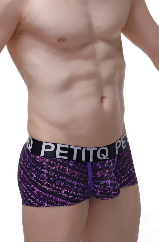 Purple and black patterned petitq boxer bulles men’s briefs with bold white logo waistband