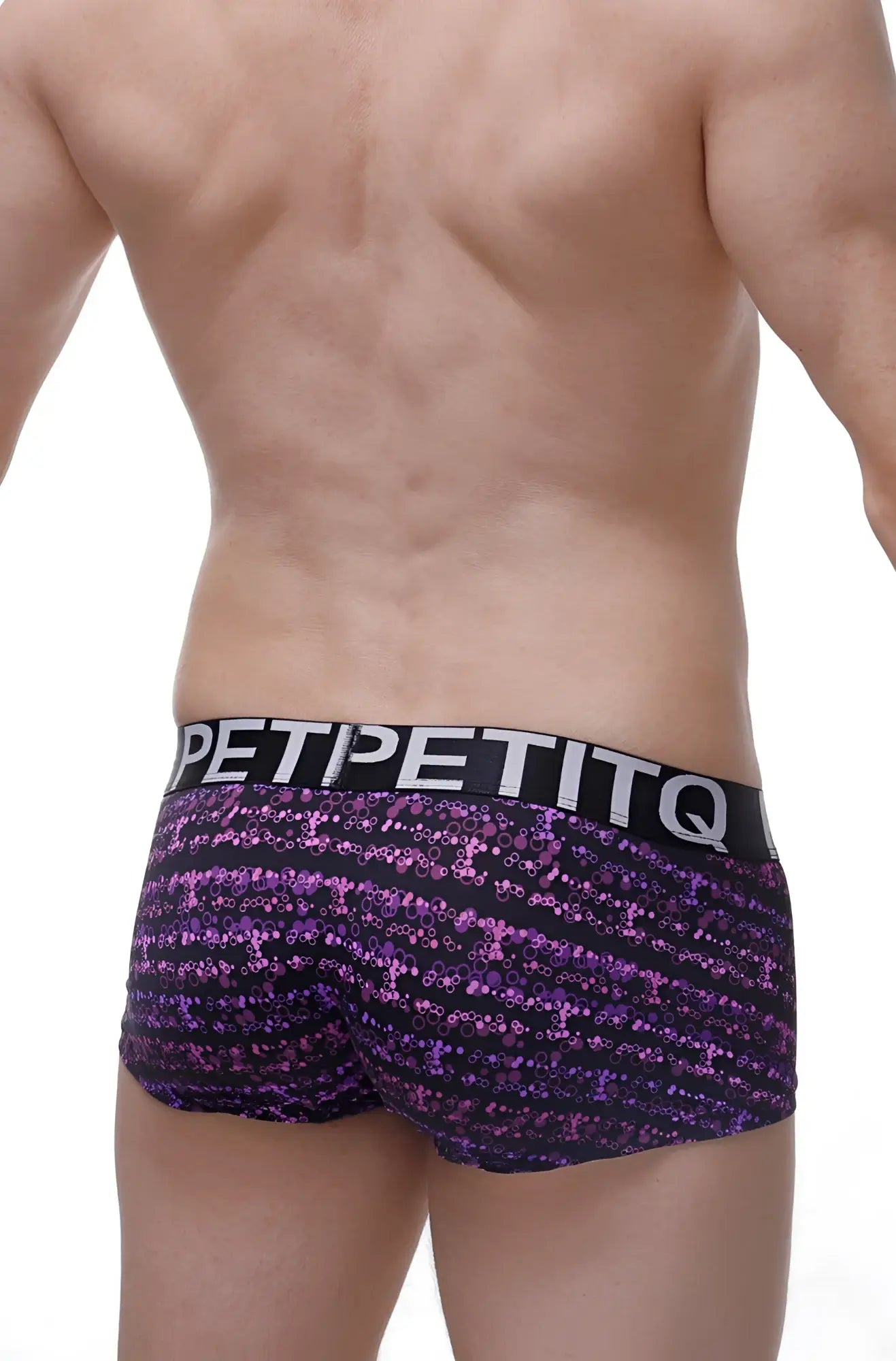 Petitq boxer bulles purple and black sequined briefs with bold petitq waistband front view
