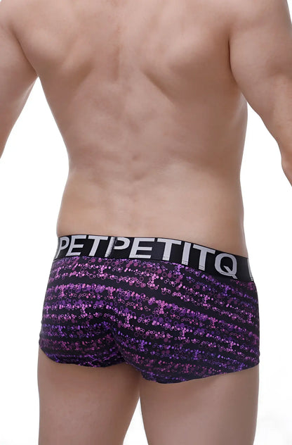 Petitq boxer bulles purple and black sequined briefs with bold petitq waistband front view