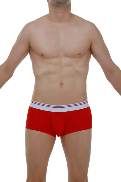 Red petitq boxer chillax modal briefs with a white waistband featuring thin red and blue stripes