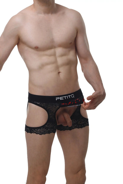 Black lace men’s boxer underwear with branded waistband by petitq from the corlier boudoir collection