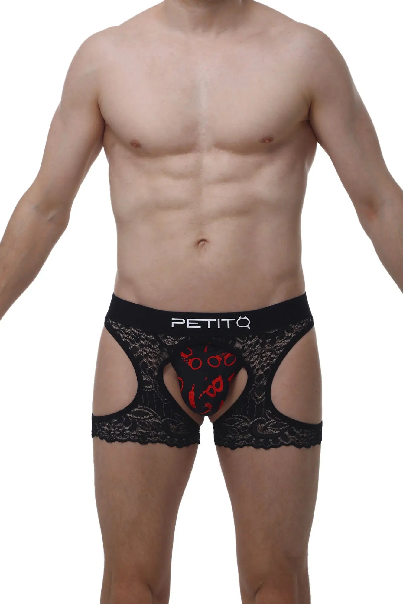 Black lace men’s boxer underwear with red heart pattern and petitq branding on waistband for boudoir wear