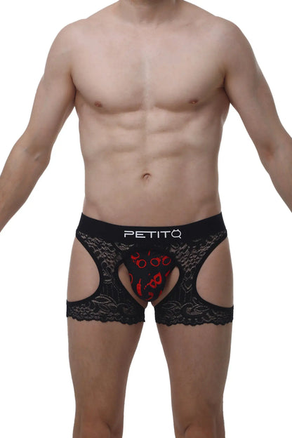 Black lace men’s boxer underwear with red heart pattern and petitq branding on waistband for boudoir wear