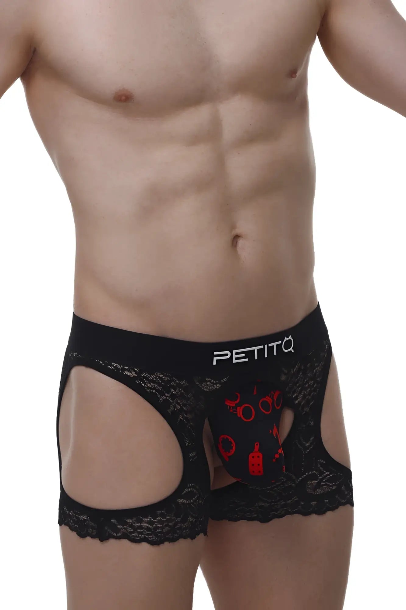 Black lace men’s boxer underwear with red graphic design and petitq branding petitq corlier boudoir style