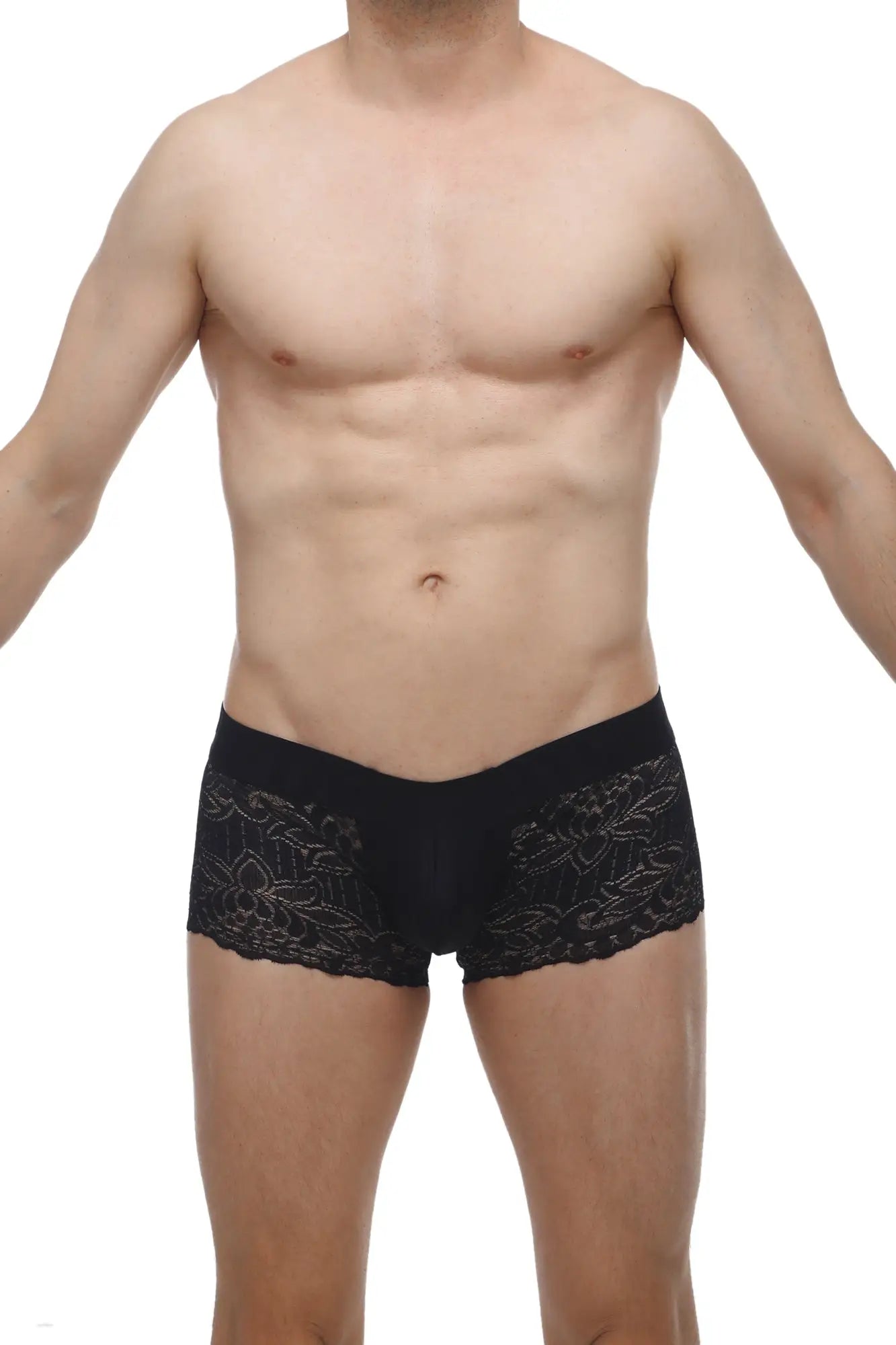PetitQ boxer lace black men’s briefs with delicate floral embroidery and lace trim along the sides