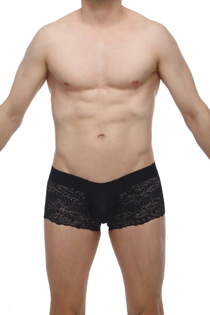 PetitQ boxer lace black men’s briefs with delicate floral embroidery and lace trim along the sides