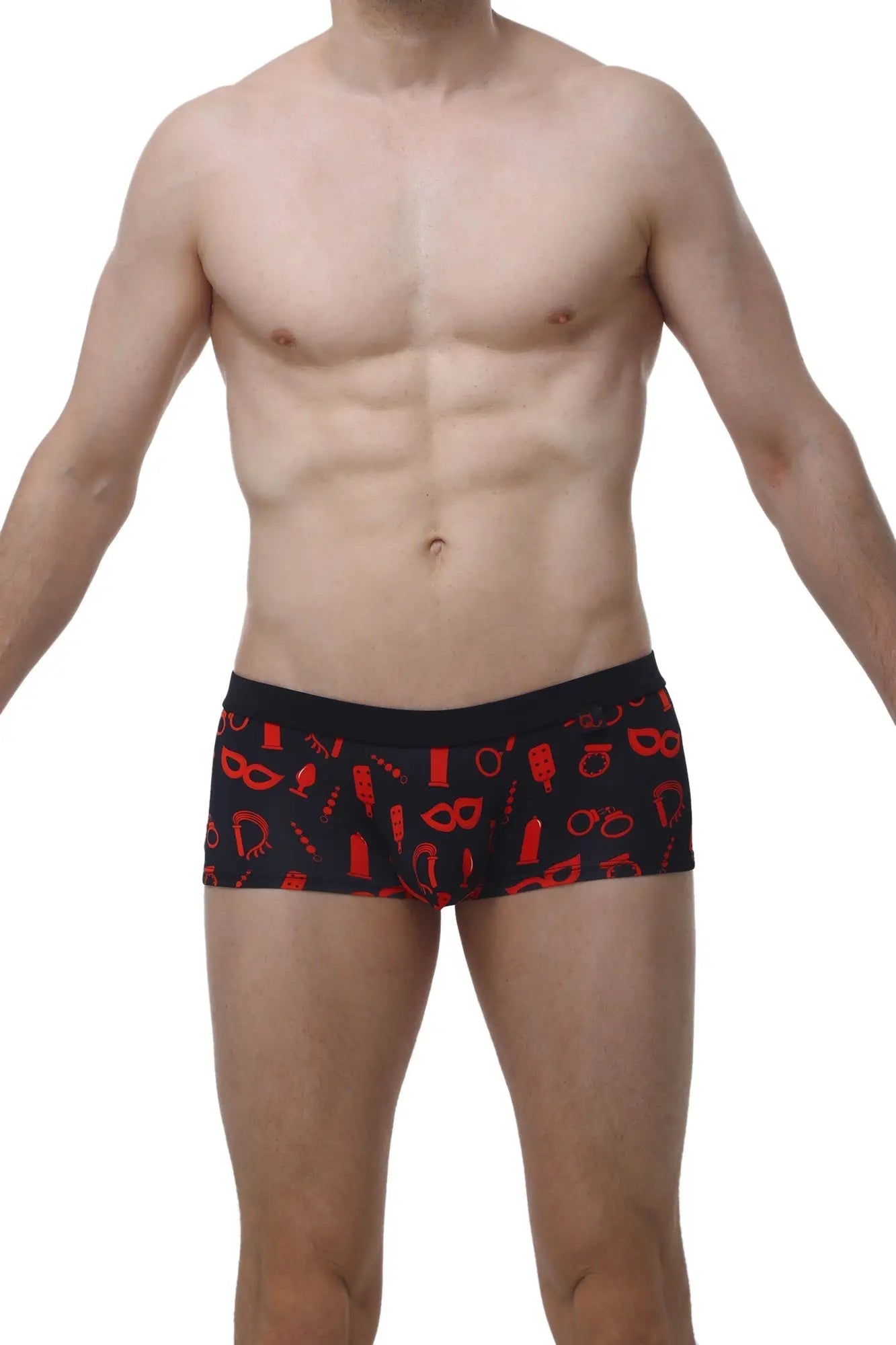 Black men’s briefs petitq boxer meljac boudoir with bold red party and playful accessory pattern