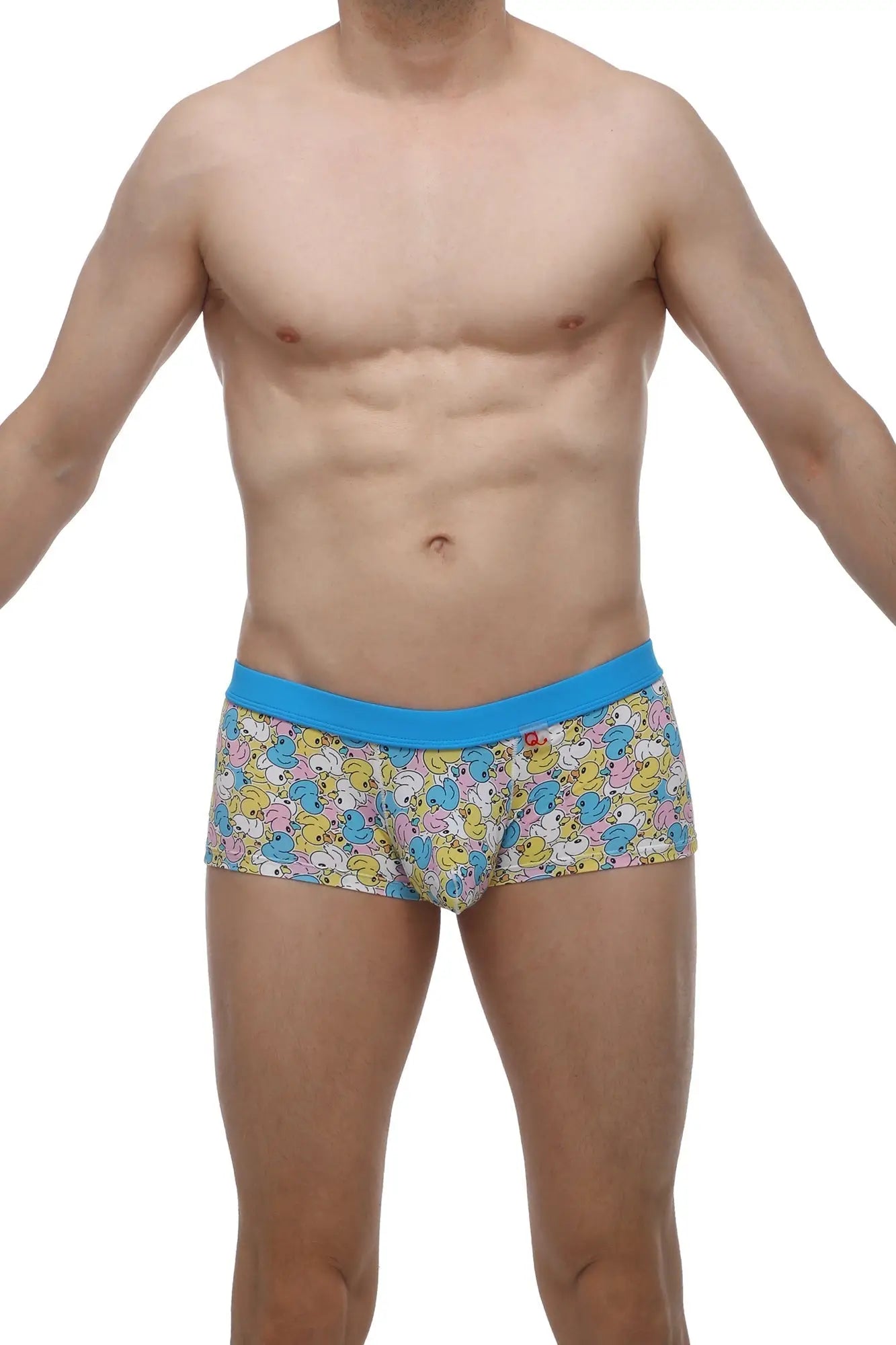 Petitq boxer meljac duckies blue-trimmed men’s briefs with pastel cartoon duck pattern on light fabric