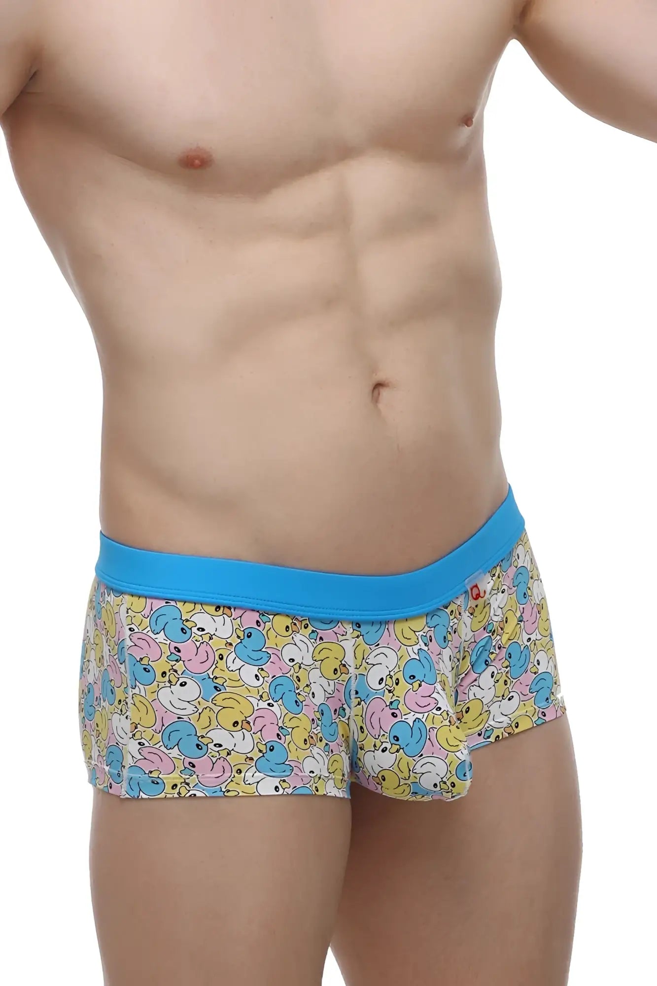 PetitQ boxer Meljac Duckies with a bright blue elastic waistband and pastel cartoon ducks on a yellow base