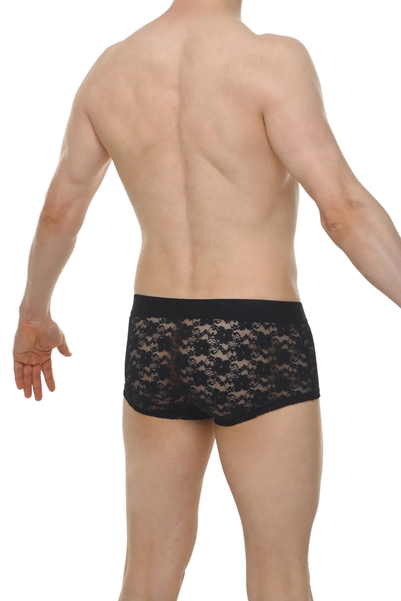 Black lace boxer brief with delicate floral pattern and solid black waistband from Boxer Montils Lace Black collection