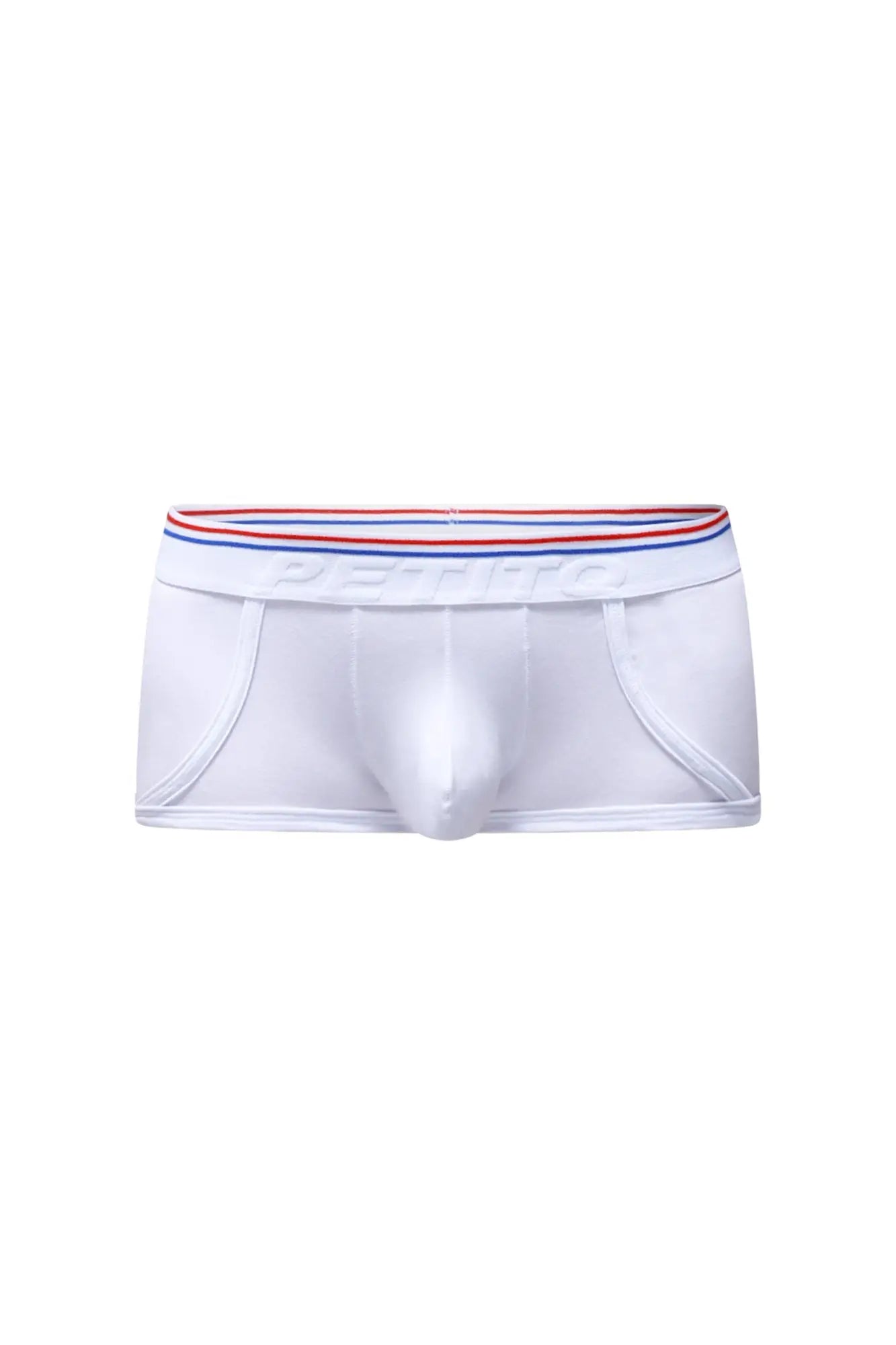 White petitq boxer morrier briefs with a red white and blue striped elastic waistband featuring the petitbag logo