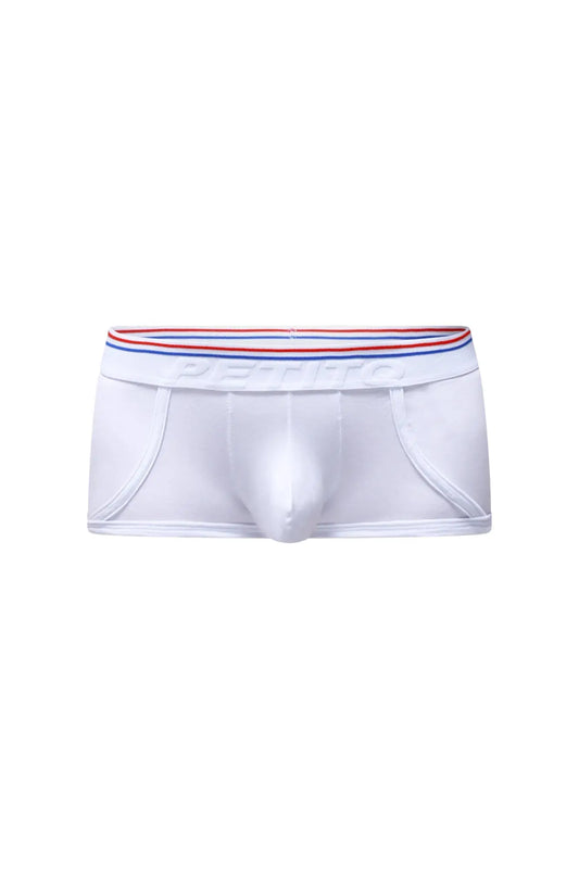 White petitq boxer morrier briefs with a red white and blue striped elastic waistband featuring the petitbag logo