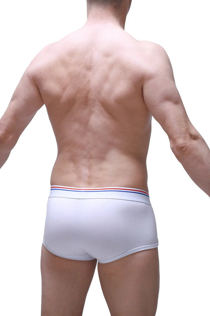 White briefs petitq boxer morrier with a red white and blue striped waistband made of soft cotton fabric