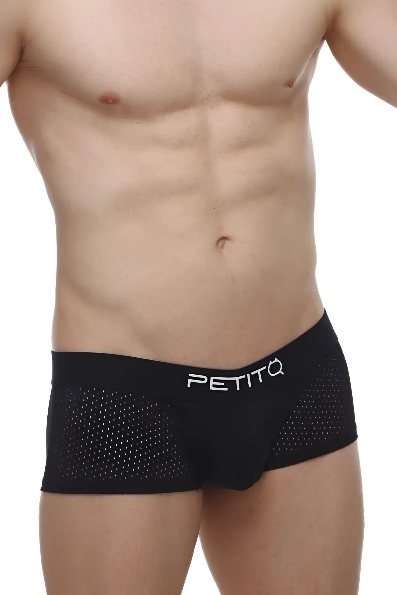 Black mesh briefs petitq boxer oncieux bee black with white petitq logo on the waistband front view